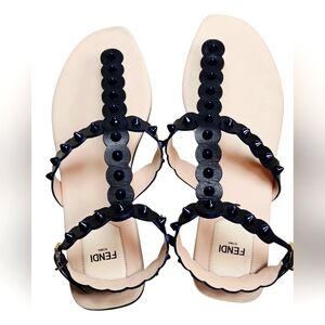 Fendi Black Leather Sandals Sz 39 | US 9 Navy Spike Studs Blue Sole T-Strap Flat